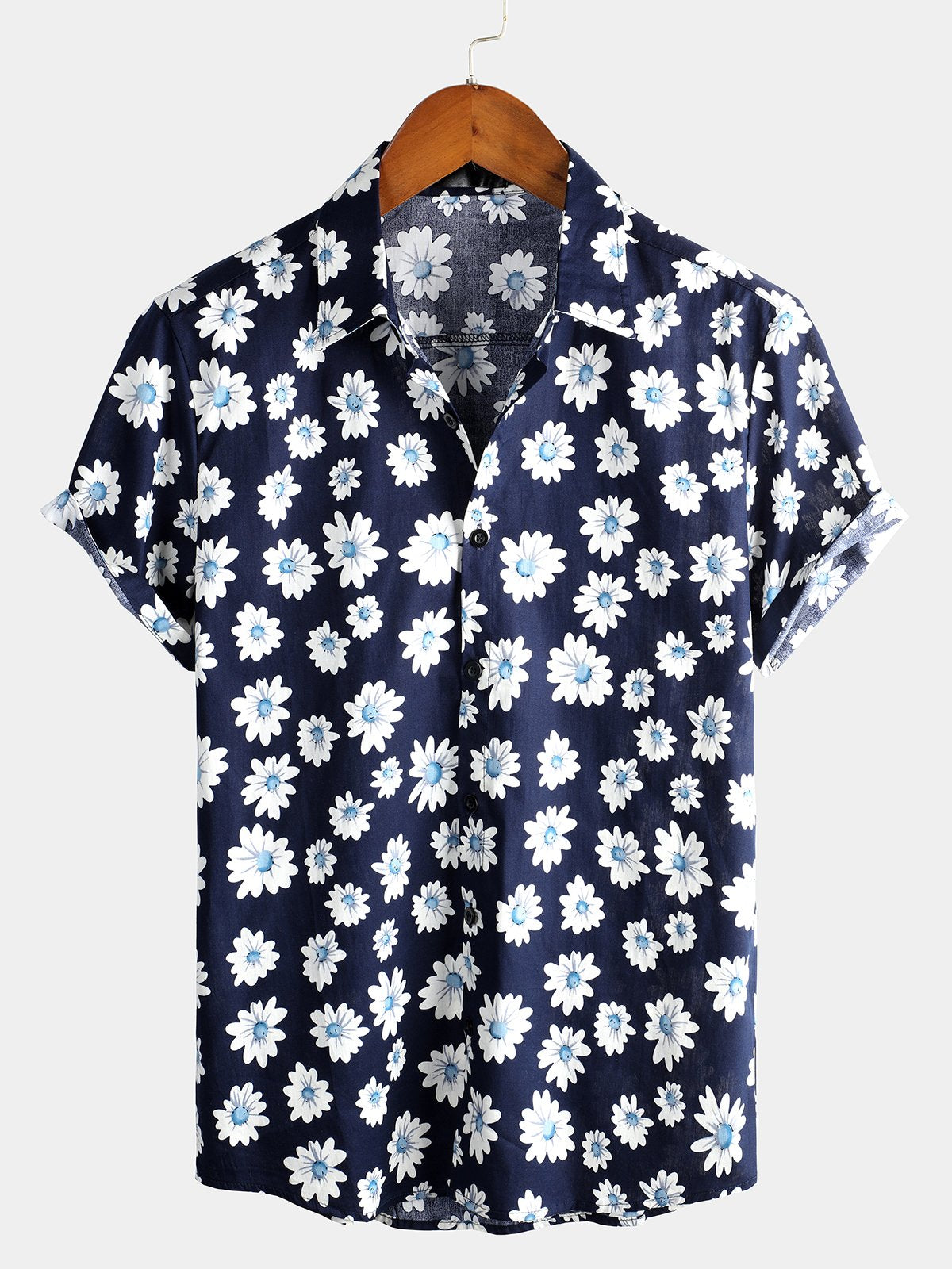 Herrenhemd aus Baumwolle mit tropischem Hawaii-Blumenmuster und Gänseblümchenmuster