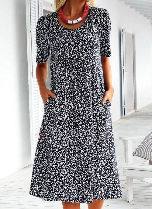 🎁Self-Tie Women Scoop Neck Floral Dress (8 Colors with Pockets)