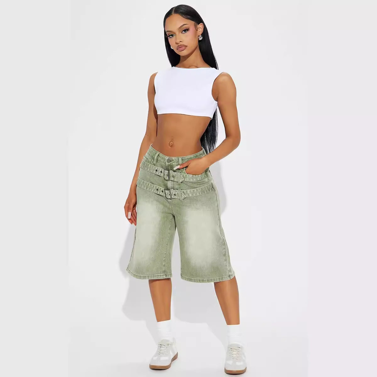 Y2K-Shorts mit Doppelgürtel