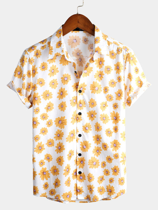 Herrenhemd aus Baumwolle mit tropischem Hawaii-Blumenmuster und Gänseblümchenmuster