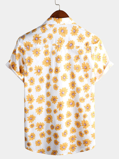 Herrenhemd aus Baumwolle mit tropischem Hawaii-Blumenmuster und Gänseblümchenmuster