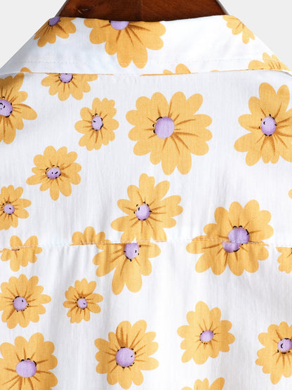 Herrenhemd aus Baumwolle mit tropischem Hawaii-Blumenmuster und Gänseblümchenmuster
