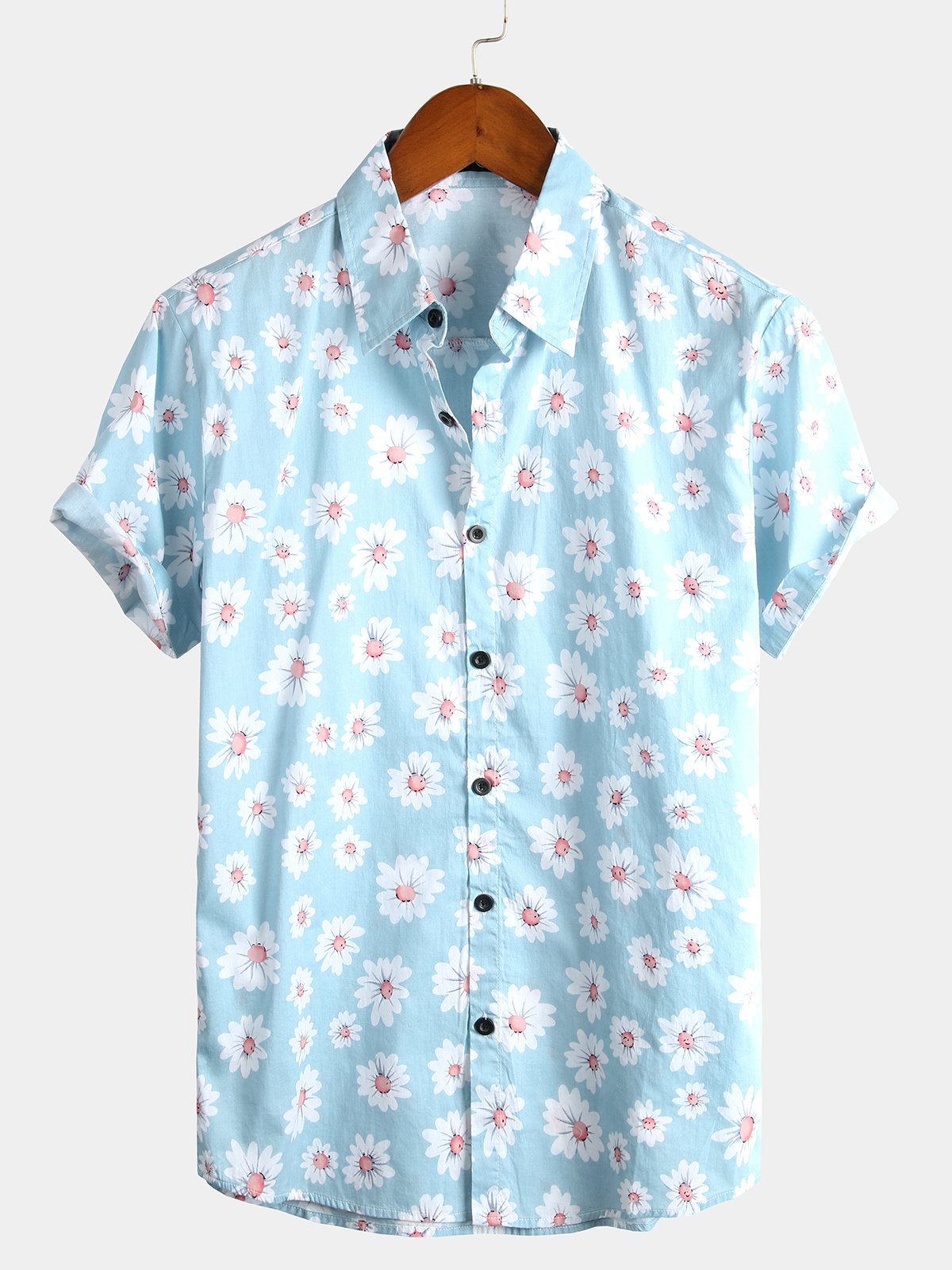 Herrenhemd aus Baumwolle mit tropischem Hawaii-Blumenmuster und Gänseblümchenmuster