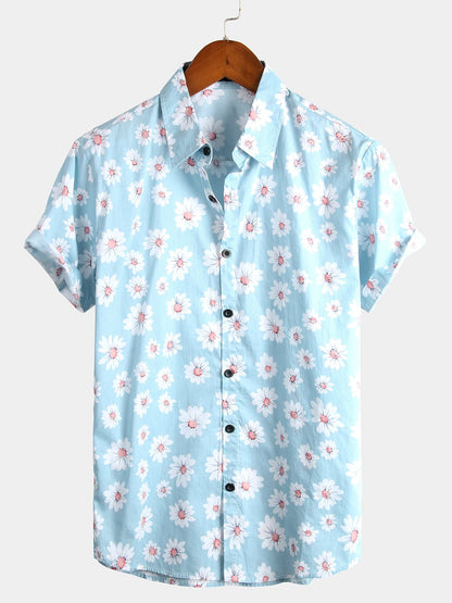 Herrenhemd aus Baumwolle mit tropischem Hawaii-Blumenmuster und Gänseblümchenmuster