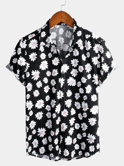 Herrenhemd aus Baumwolle mit tropischem Hawaii-Blumenmuster und Gänseblümchenmuster