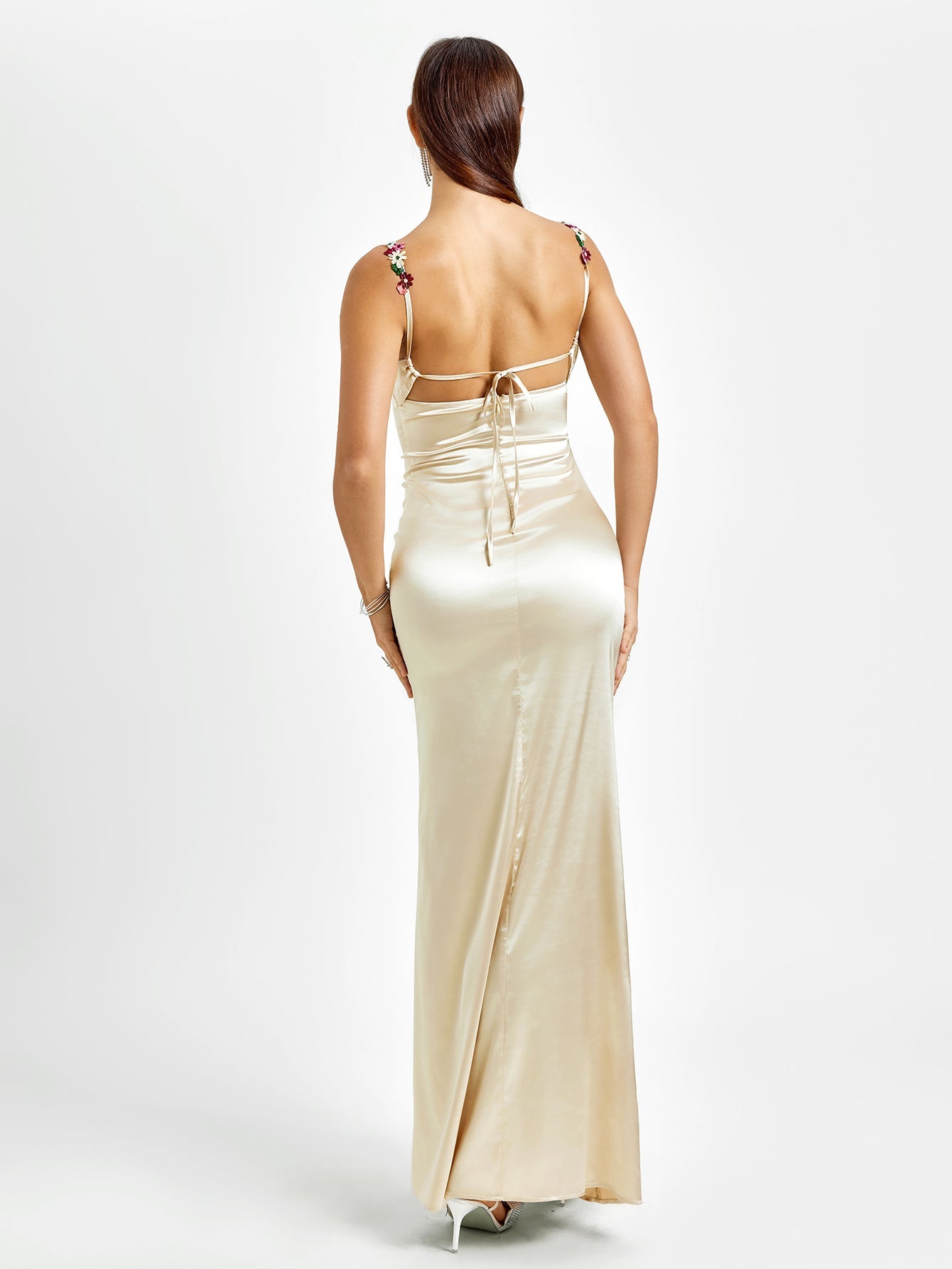 Embellished Strap Tie Back Satin Bodycon Dress
