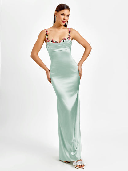 Embellished Strap Tie Back Satin Bodycon Dress