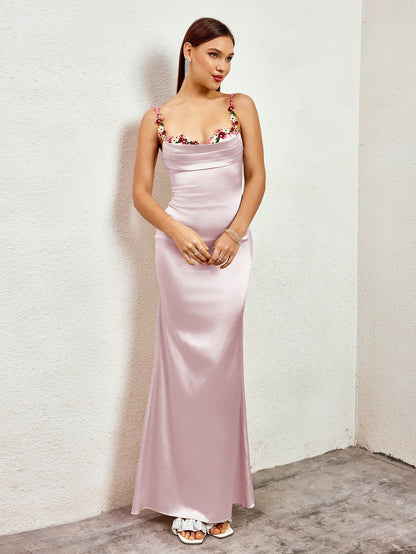 Embellished Strap Tie Back Satin Bodycon Dress