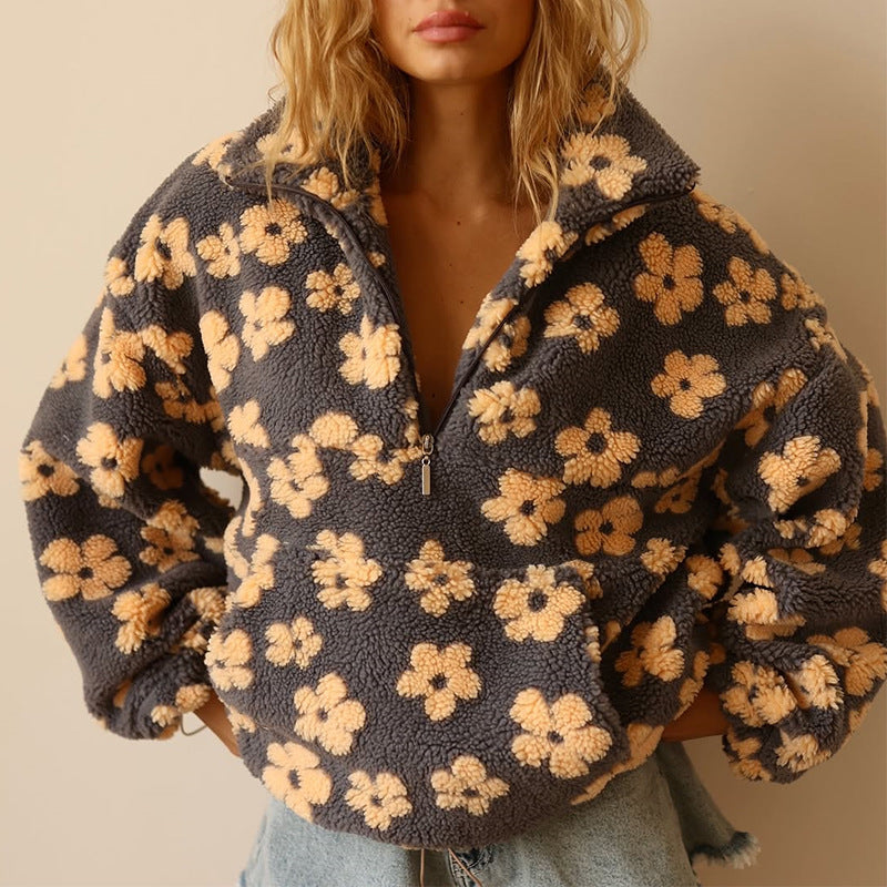 Sofia - Long-sleeved Floral Fleece Sweater