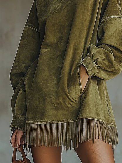 Gabriela | Suede Dress with High Neck and Fringes