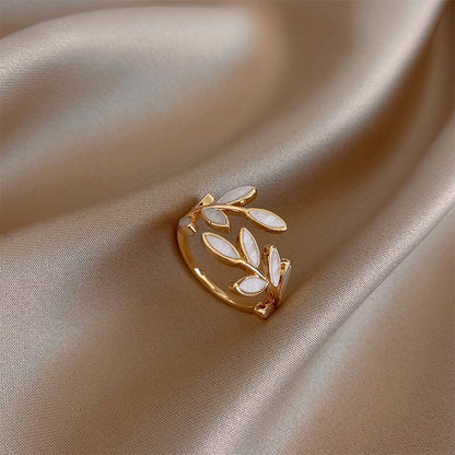 Adjustable Gold Ring with Leaf Design and White Opal