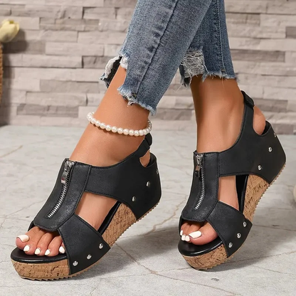 Stylische Retro Keilsandaletten mit Reißverschluss