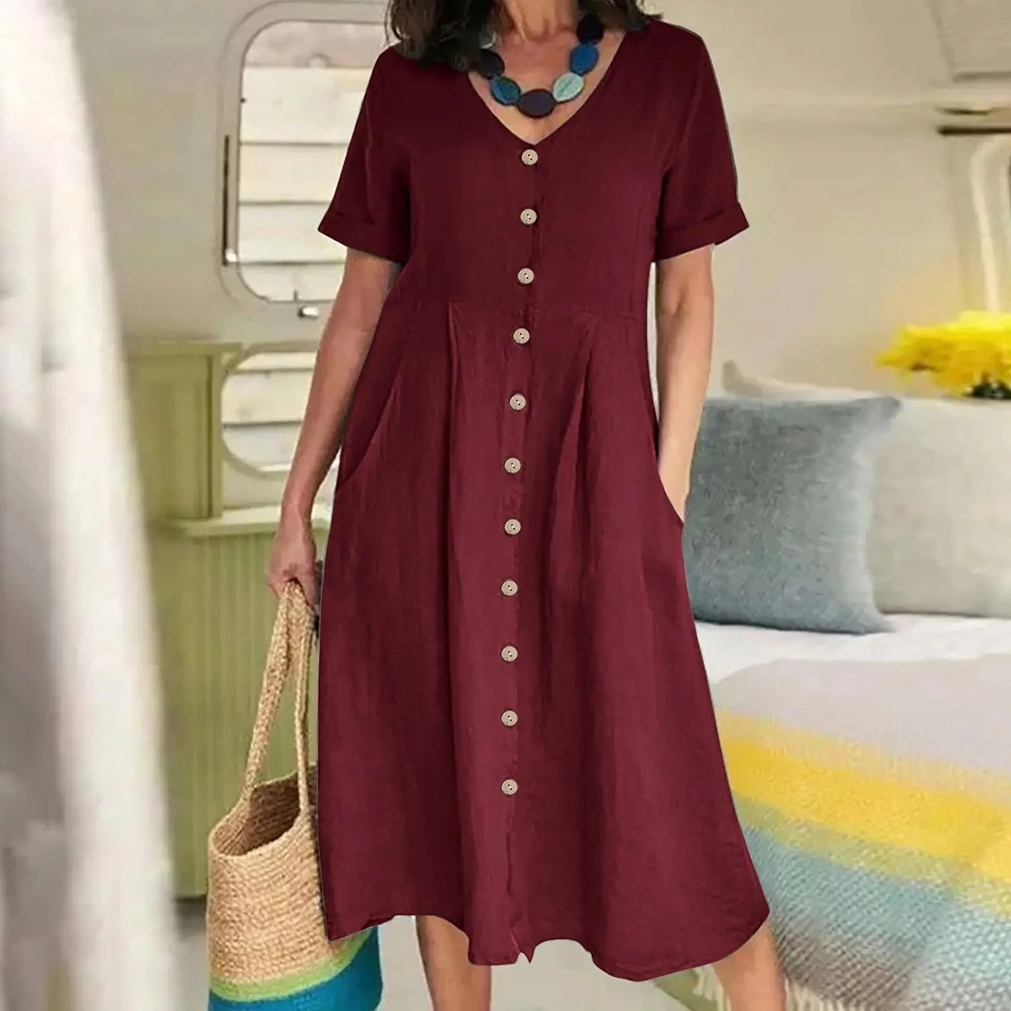 Luxuriöses Leinenkleid mit Taschen 