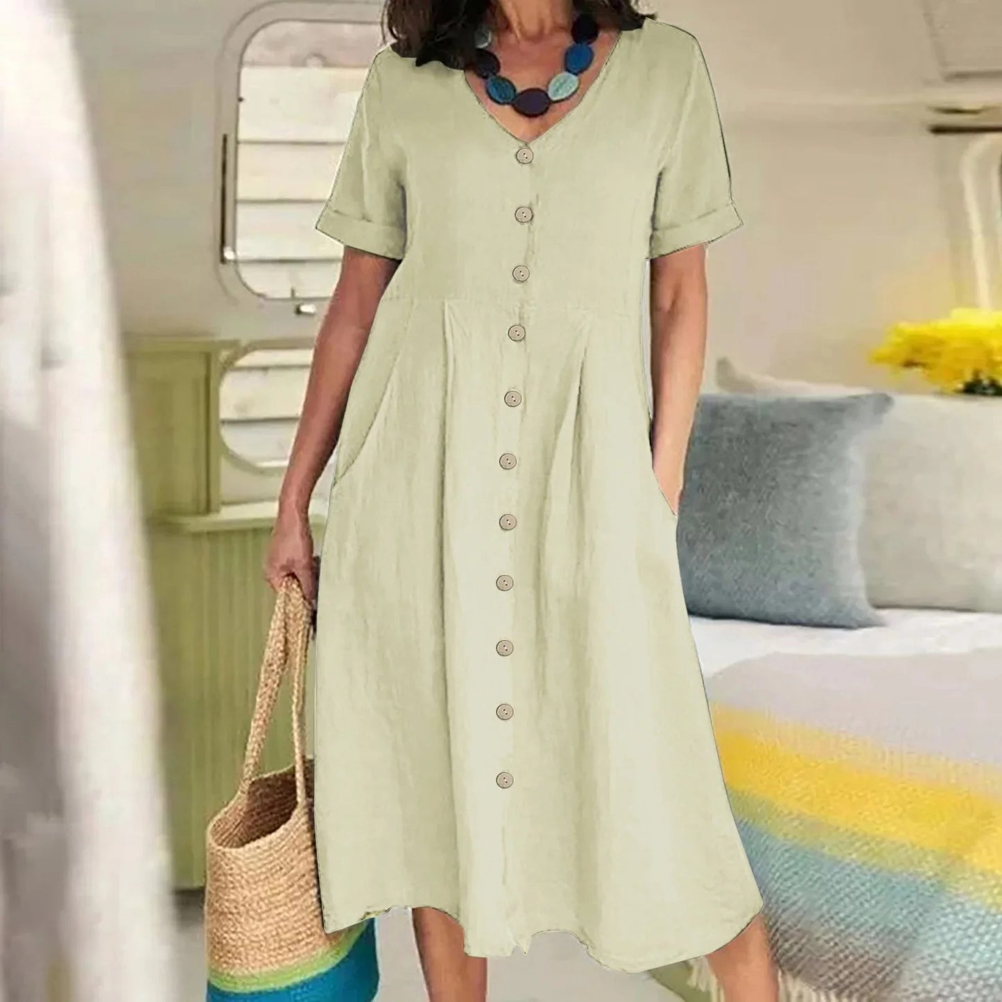 Luxuriöses Leinenkleid mit Taschen 