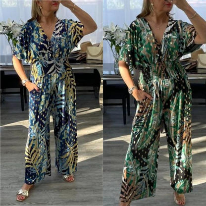🥻Stilvolles Sommertrikot, großer Blätterdruck, elastischer Bund