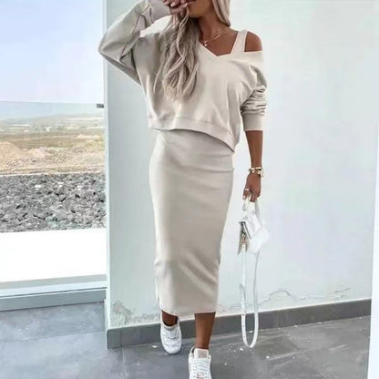 🌸Zweiteiliges Damen-Set mit ärmellosem Kleid und lockerem Pullover mit V-Ausschnitt