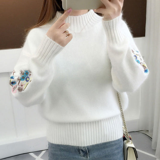 Vegan Faux Cashmere Knitted Chunky Sweater with Floral Embroidery