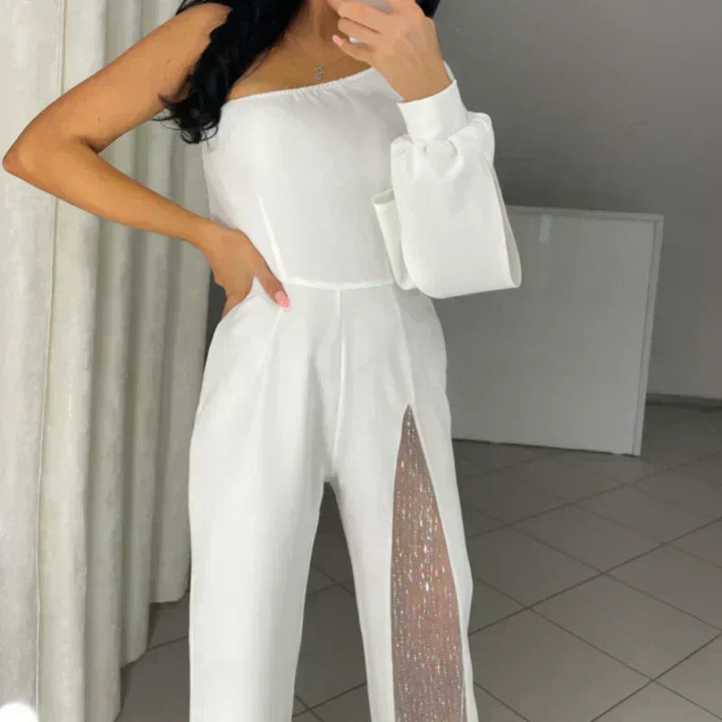 One-Shoulder-Jumpsuit aus glitzerndem Mesh mit ausgestelltem Oberteil für Damen
