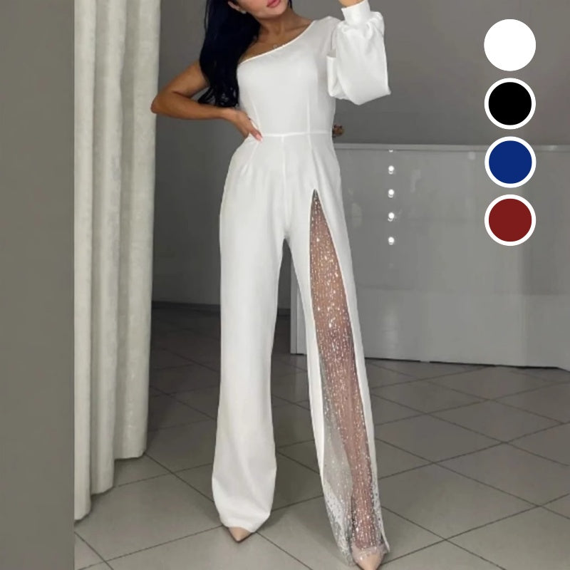One-Shoulder-Jumpsuit aus glitzerndem Mesh mit ausgestelltem Oberteil für Damen