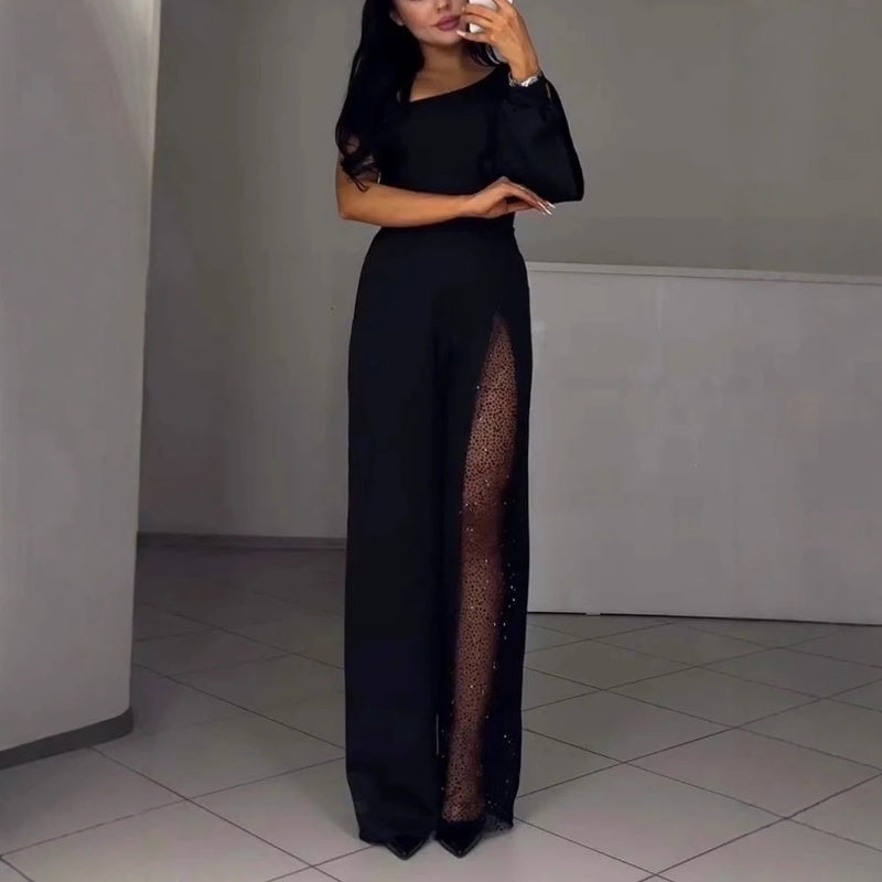 One-Shoulder-Jumpsuit aus glitzerndem Mesh mit ausgestelltem Oberteil für Damen