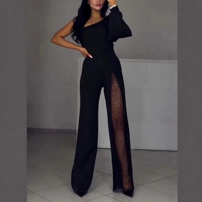 One-Shoulder-Jumpsuit aus glitzerndem Mesh mit ausgestelltem Oberteil für Damen