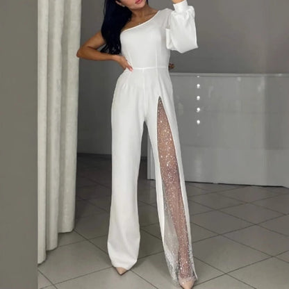 One-Shoulder-Jumpsuit aus glitzerndem Mesh mit ausgestelltem Oberteil für Damen