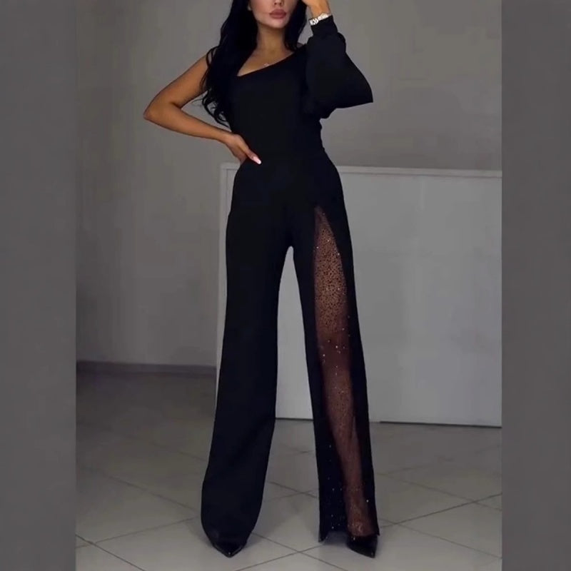 One-Shoulder-Jumpsuit aus glitzerndem Mesh mit ausgestelltem Oberteil für Damen