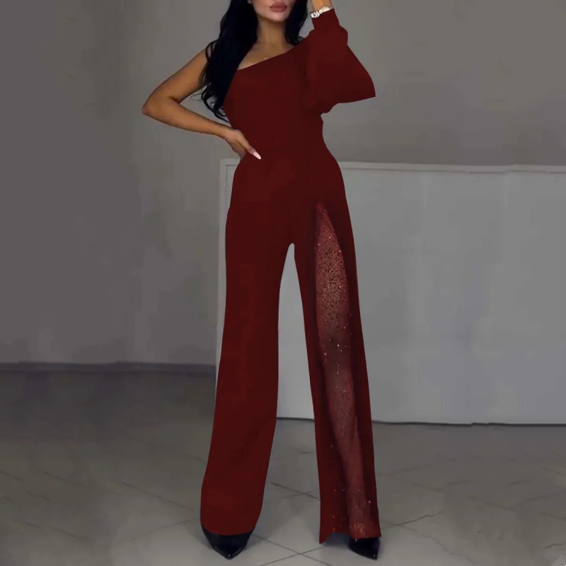 One-Shoulder-Jumpsuit aus glitzerndem Mesh mit ausgestelltem Oberteil für Damen