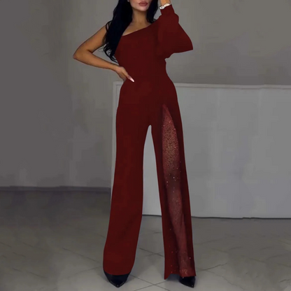 One-Shoulder-Jumpsuit aus glitzerndem Mesh mit ausgestelltem Oberteil für Damen