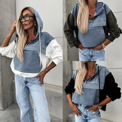 🔥Sale 50% - Damen Jeansjacke mit Kapuze und Kordelzug