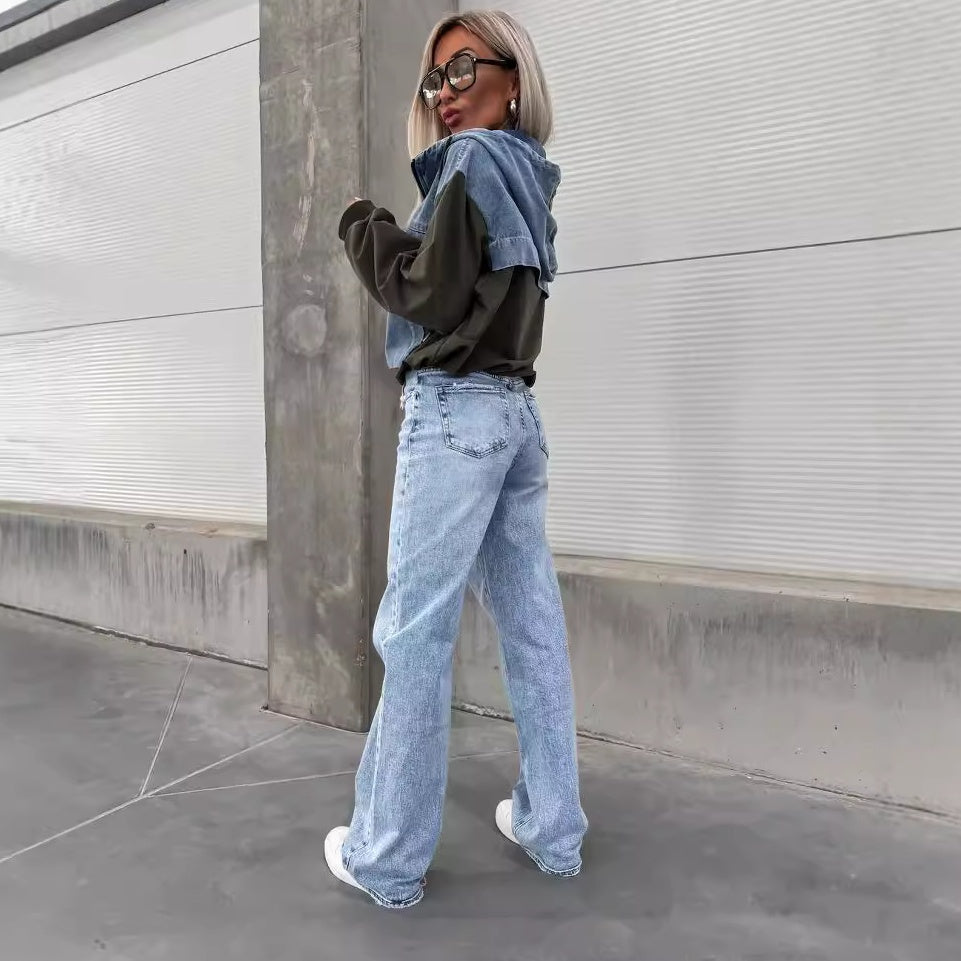 🔥Sale 50% - Damen Jeansjacke mit Kapuze und Kordelzug