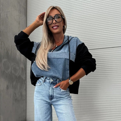 🔥Sale 50% - Damen Jeansjacke mit Kapuze und Kordelzug