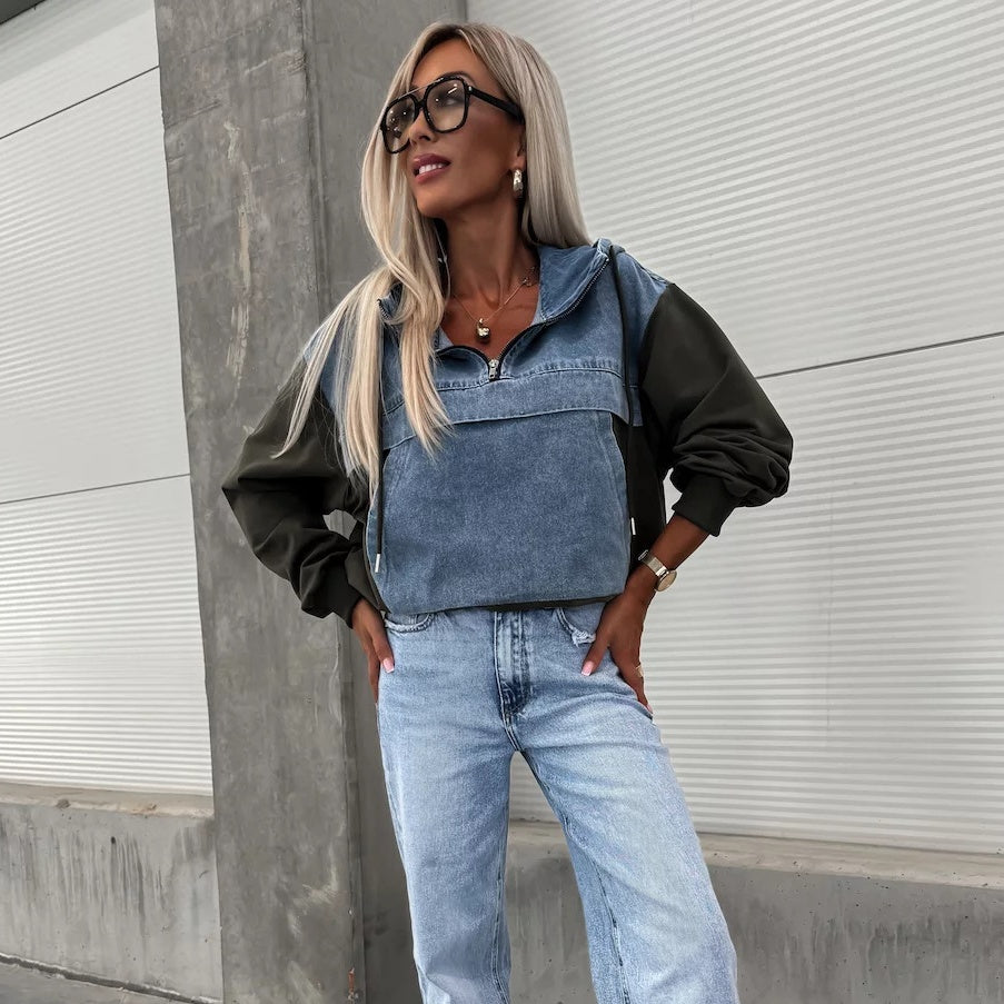🔥Sale 50% - Damen Jeansjacke mit Kapuze und Kordelzug