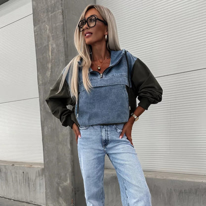 🔥Sale 50% - Damen Jeansjacke mit Kapuze und Kordelzug