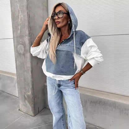 🔥Sale 50% - Damen Jeansjacke mit Kapuze und Kordelzug
