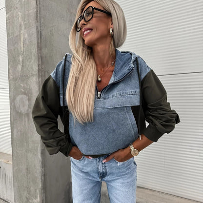 🔥Sale 50% - Damen Jeansjacke mit Kapuze und Kordelzug