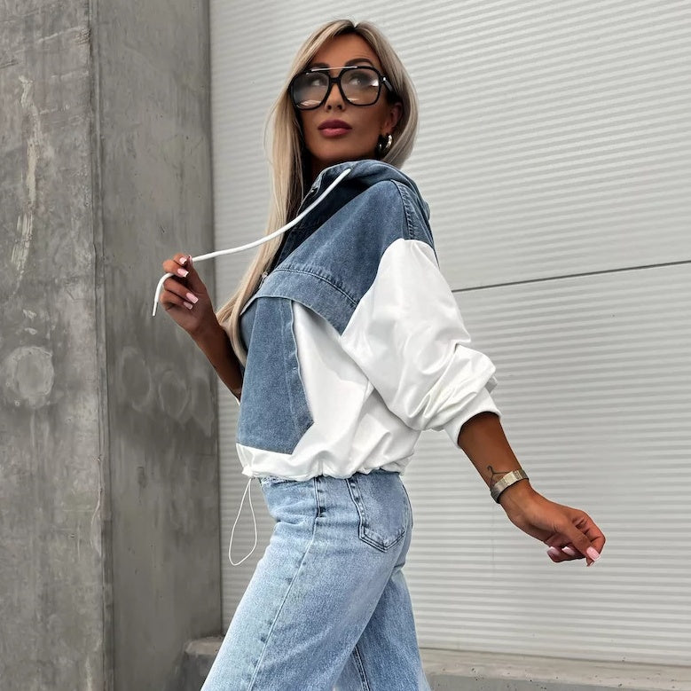 🔥Sale 50% - Damen Jeansjacke mit Kapuze und Kordelzug
