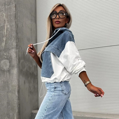 🔥Sale 50% - Damen Jeansjacke mit Kapuze und Kordelzug