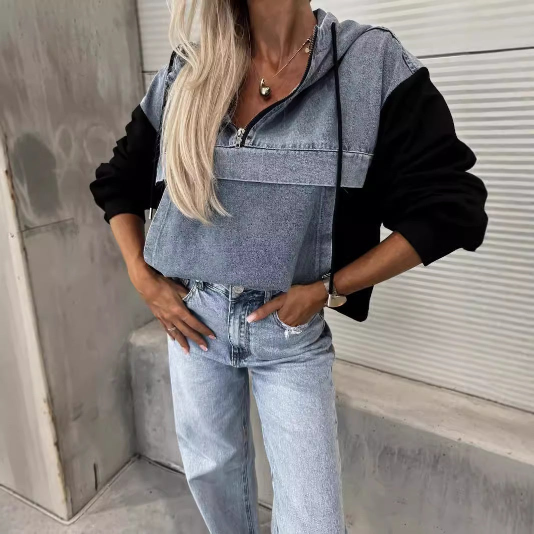 🔥Sale 50% - Damen Jeansjacke mit Kapuze und Kordelzug