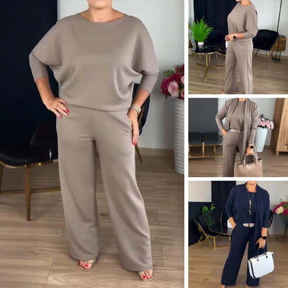 Stylisches 3-teiliges Set mit langer Strickjacke, Top und Hose 