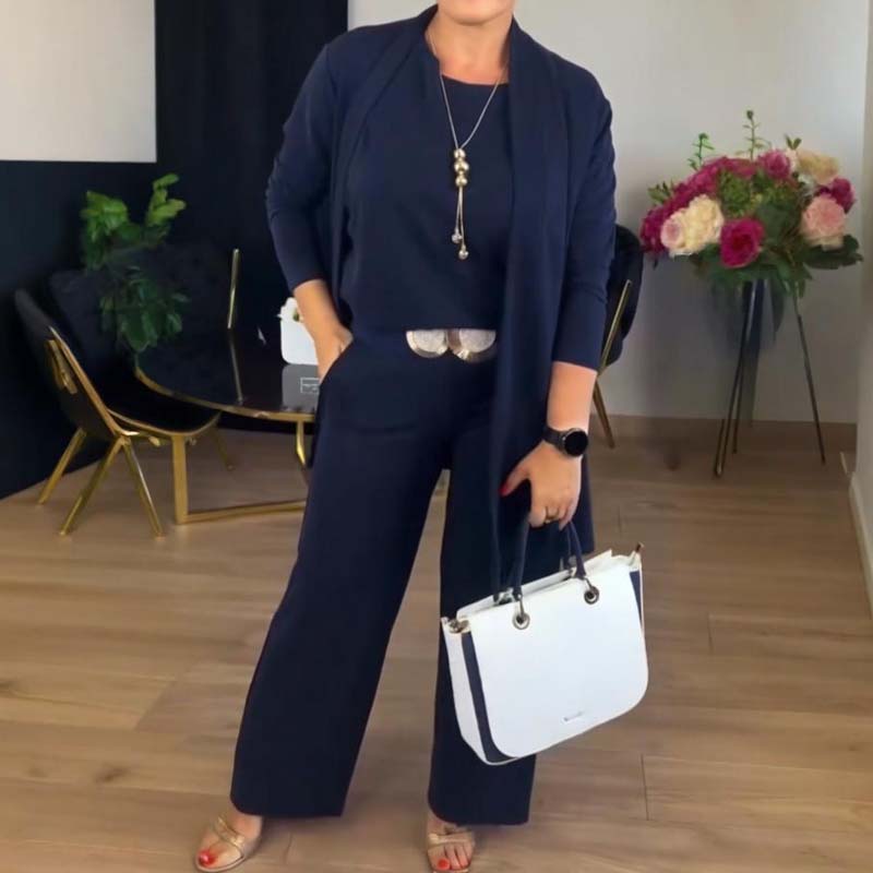 Stylisches 3-teiliges Set mit langer Strickjacke, Top und Hose 