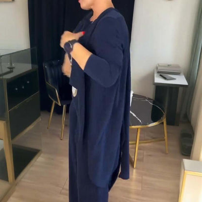Stylisches 3-teiliges Set mit langer Strickjacke, Top und Hose 